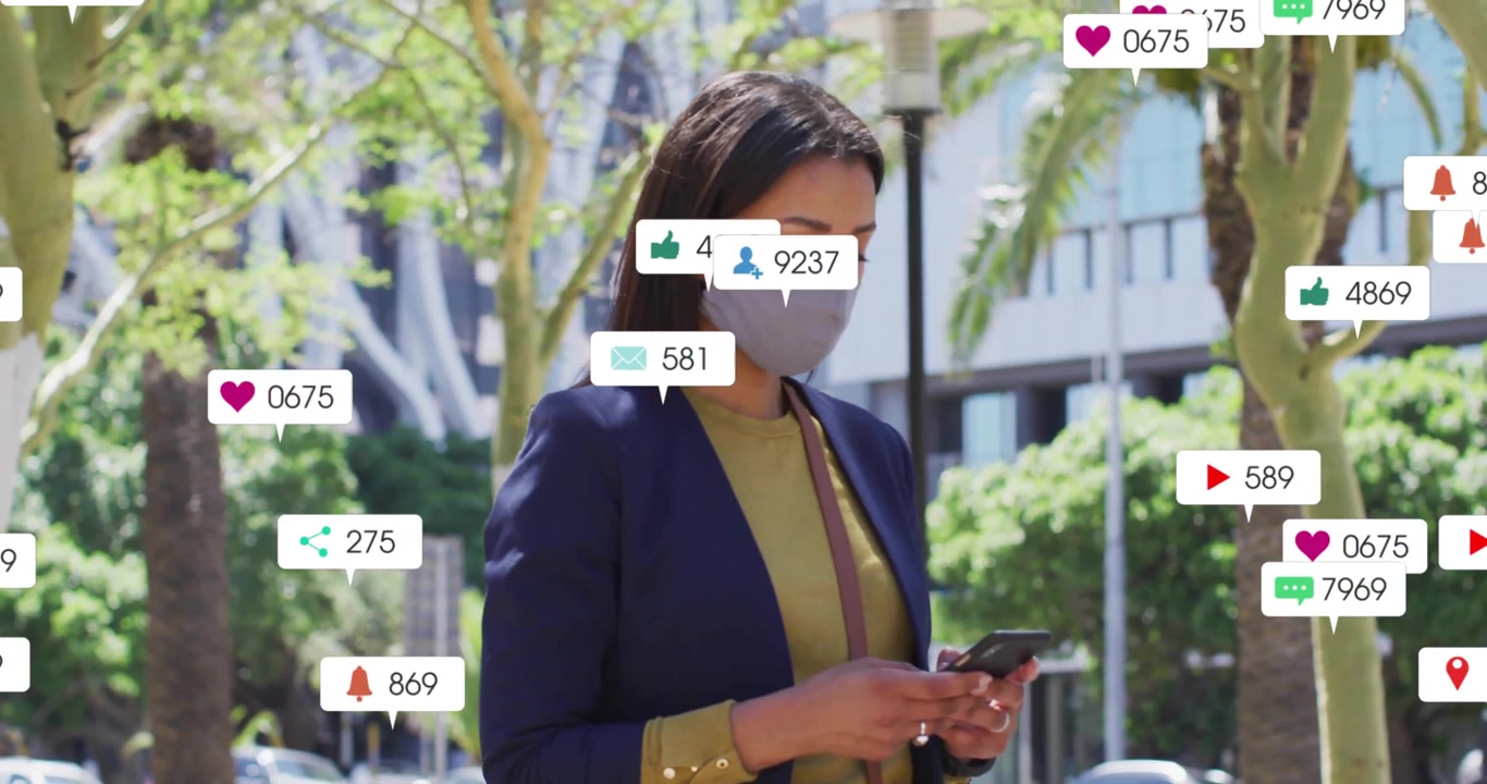 Woman scrolling smartphone on sidewalk swirling social media alerts illustrating digital influx