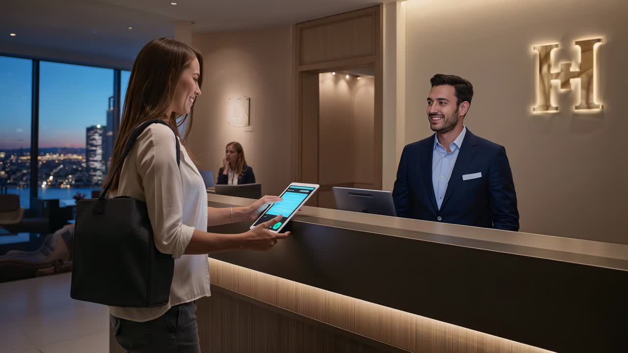 Tablet che mostra il check-in, donna che tocca il tasto verde di conferma alla reception dell'hotel, impiegato in blazer che controlla il PC