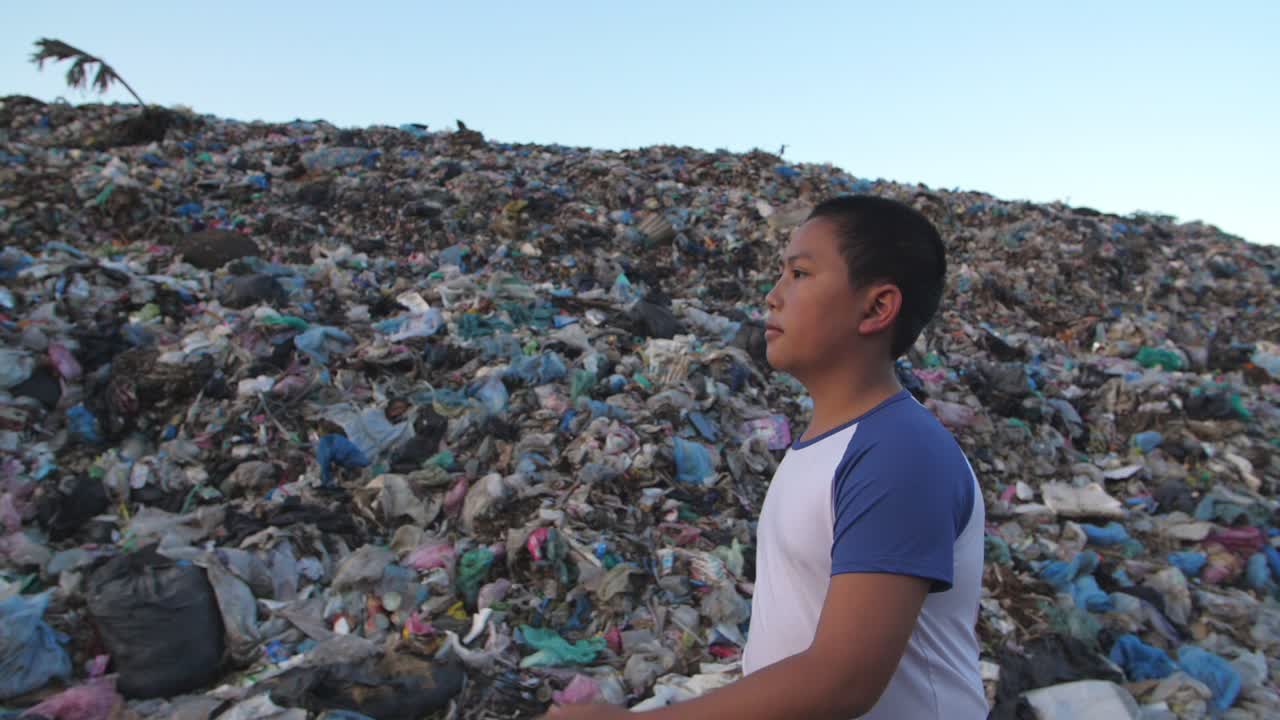 Boy Walking In Environmental Pollution, Slow Motion