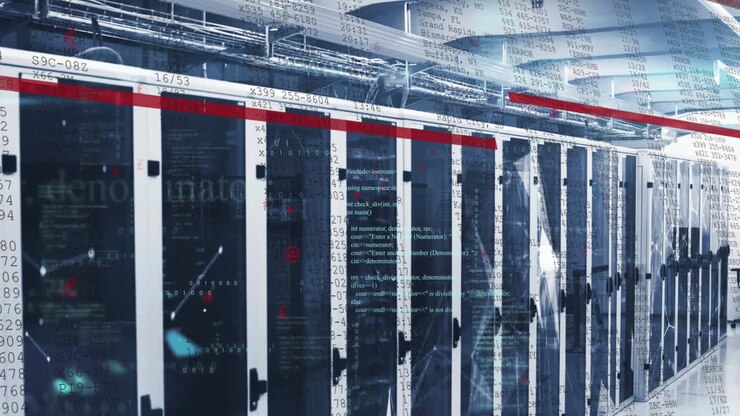 Animation of data processing and plexus networks against computer server room