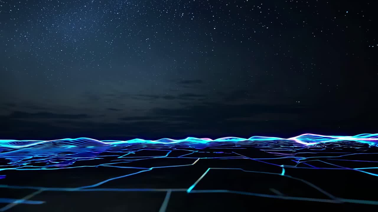 Abstract Futuristic Neon Landscape Under a Starry Night
