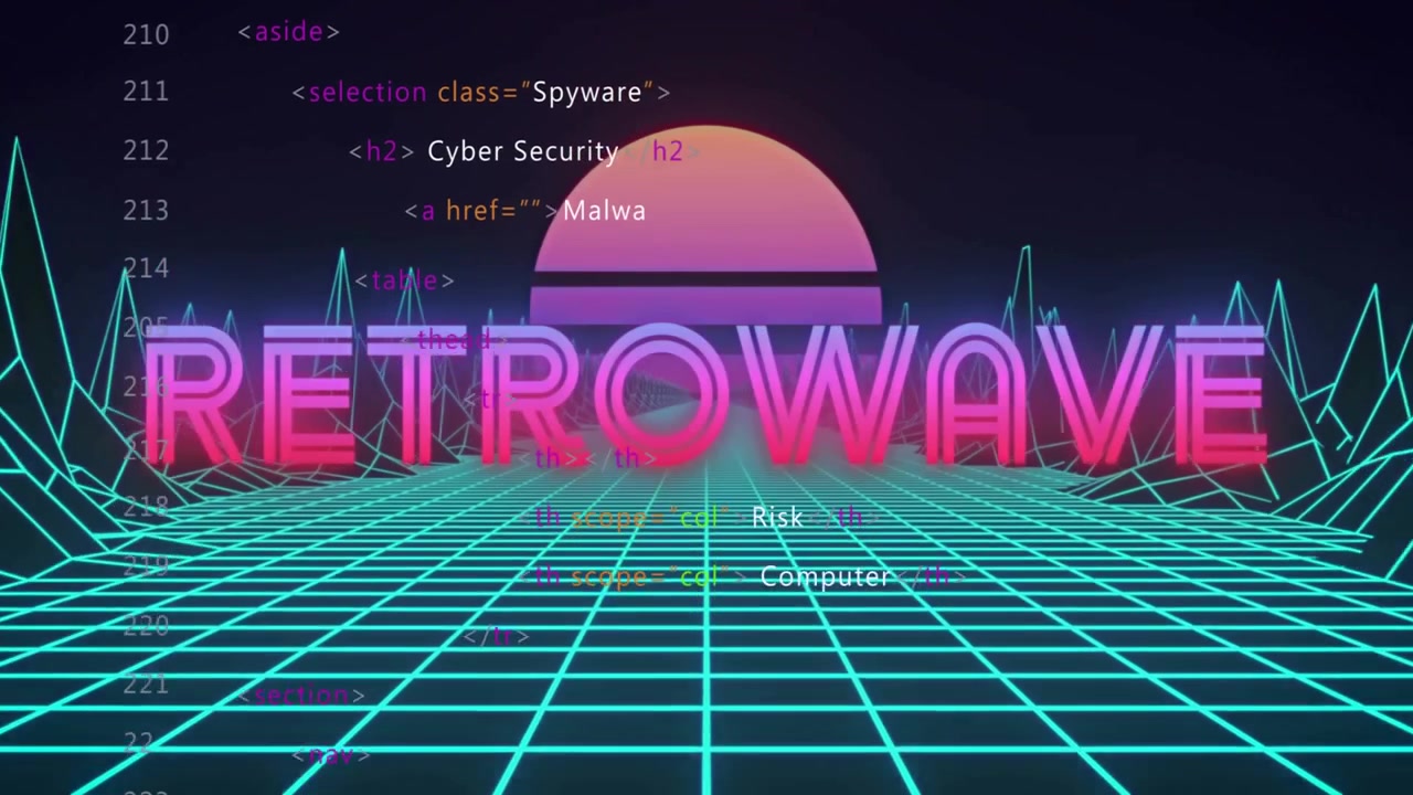 Com a renderização da grade, RETROWAVE 3D neon emergindo, pulsando e rolando HTML para demonstração de cibersegurança.