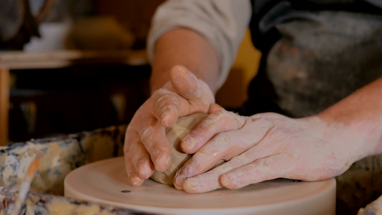 3 tomas. un alfarero profesional preparando arcilla para el trabajo