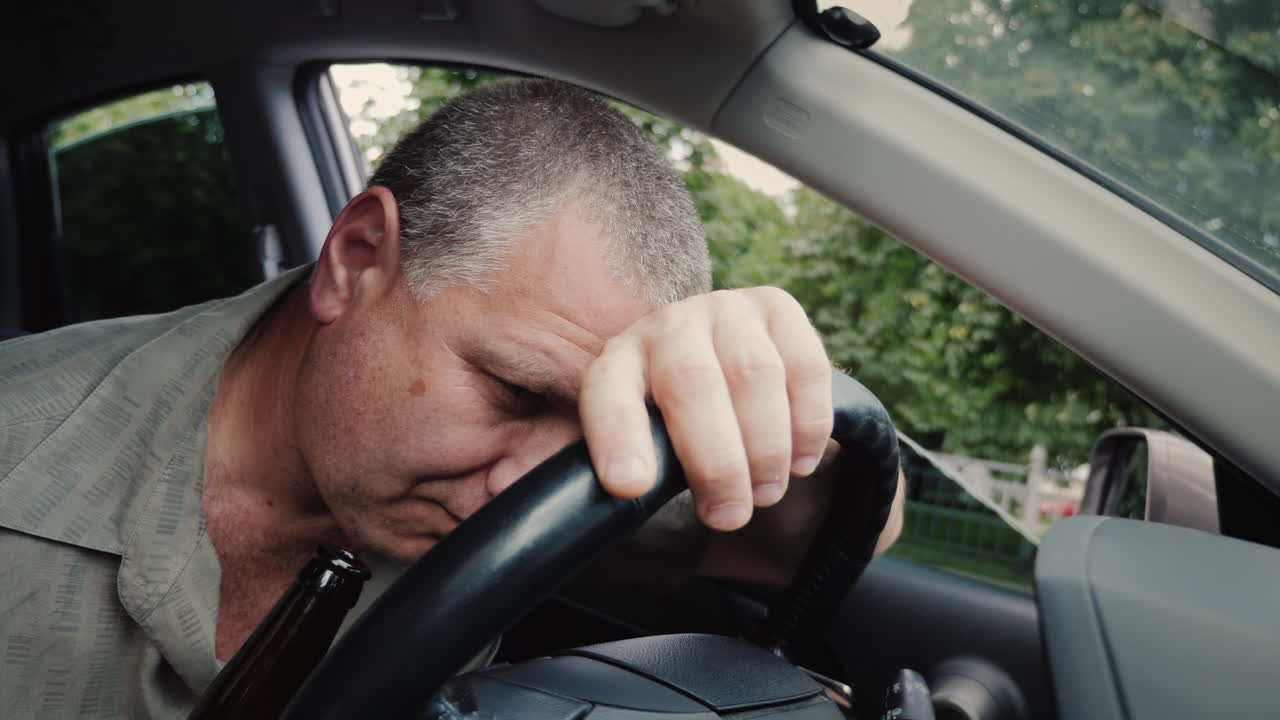 손에 술 한 병을 들고 운전대에서 졸고 있는 음주 운전자