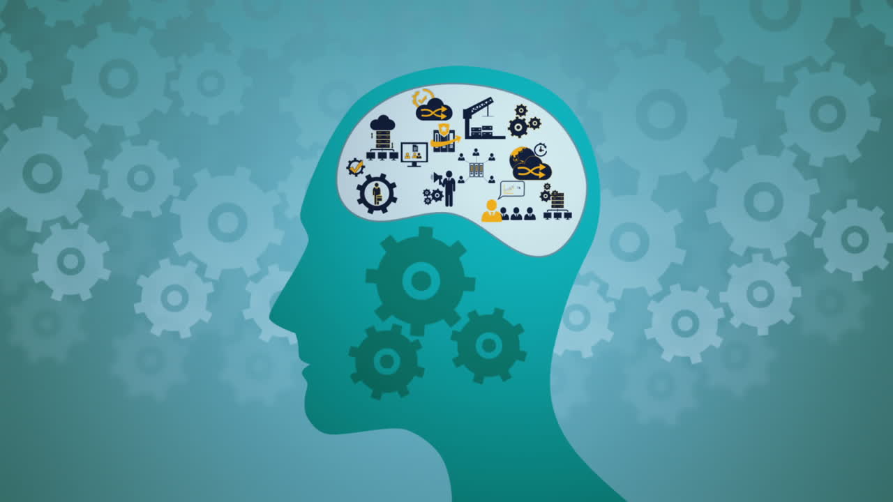 pensamientos que aparecen con engranajes en la cabeza
