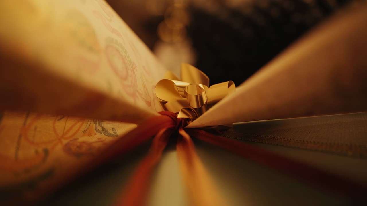 Gliding camera between paper rolls on tabletop, revealing gold ribbon bow on box for decoration
