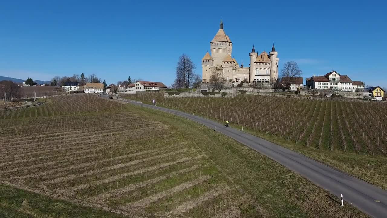 Drone captures stunning view of historic building beside vast agricultural field, set against backdrop of clear blue sky, showcasing peaceful and scenic charm of Switzerland