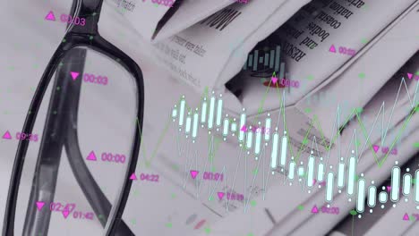 Animation-of-multiple-graphs-and-trading-board-over-spectacles-and-newspapers-on-desk