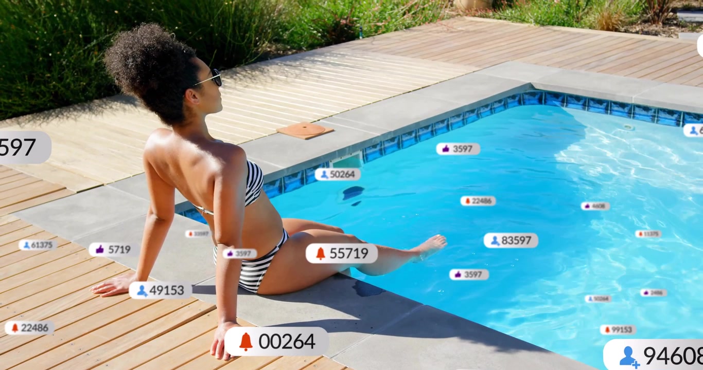 Animation of social media notifications over woman sitting by sunny pool