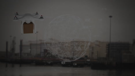 animación de la red de conexiones a través de drones con paquetes sobre el puerto