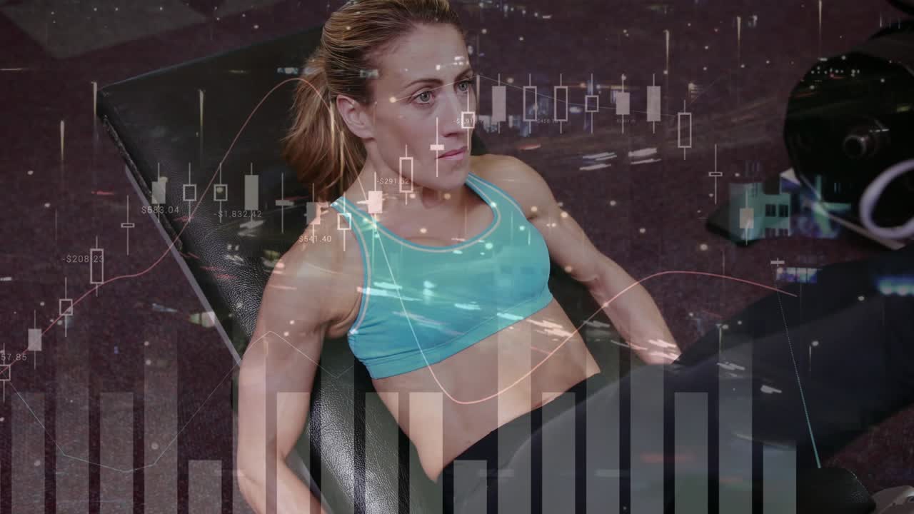 Woman bracing footplate and pressing legs for strength while finance charts overlaying frame