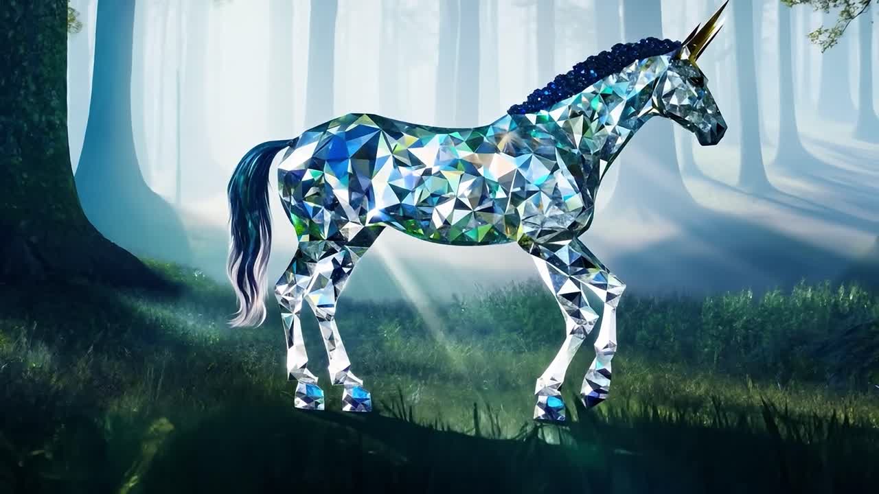 un unicornio de cristal en un bosque de niebla
