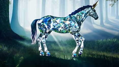 a crystal unicorn in a misty forest