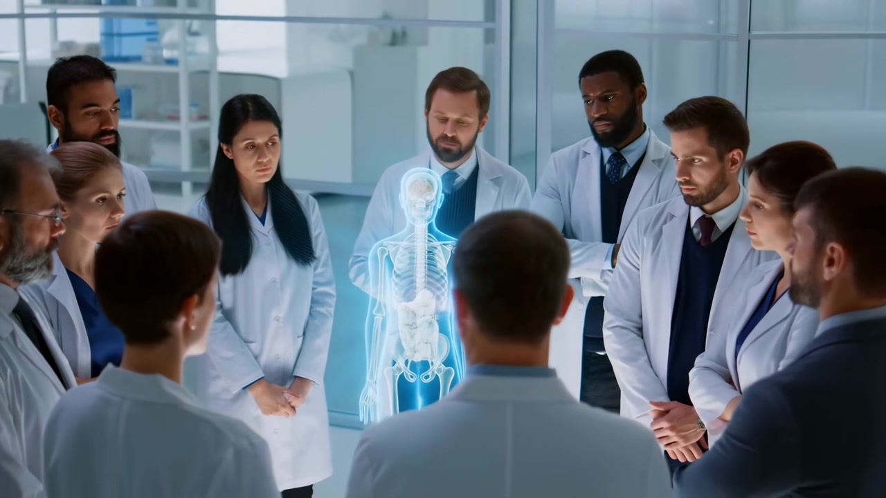 Adult medical professionals in white lab coats and blue scrubs stand in semicircle, observing cyan holographic anatomy projection revealing skull, brain, spine, ribcage during clinical briefing