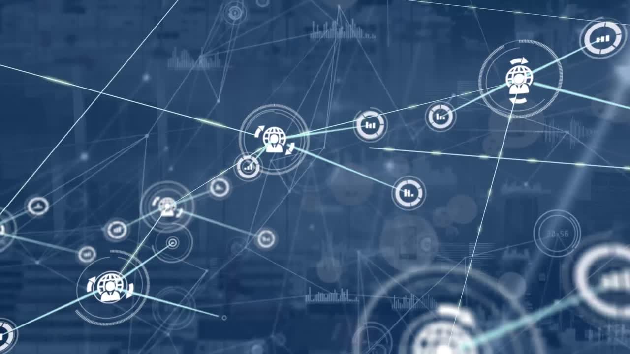 animación de la red de conexiones con iconos y procesamiento de datos sobre el paisaje urbano