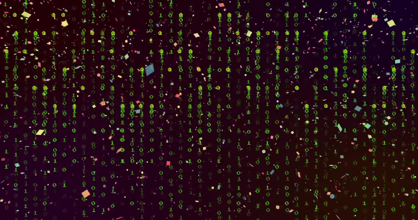 AI driving binary-curtain growth on purple gradient, confetti rising, layering for tech design