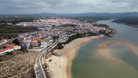 Aerial view of Vila Nova de Milfontes on Mira River on Portugal coast
