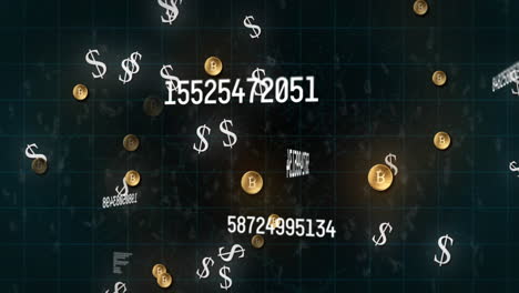 animación de números cambiantes y símbolos de dólar estadounidense y bitcoin sobre la cuadrícula