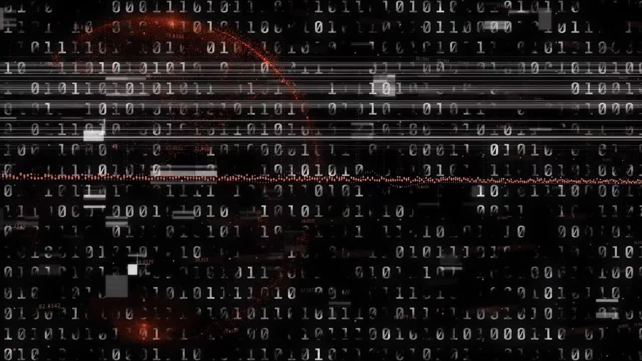 animatie van een blauw computercircuitbord over binaire gegevensverwerking, op zwart