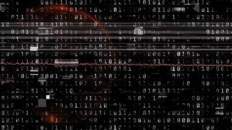 Animation af blåt computerkredsløb over binær databehandling, på sort.