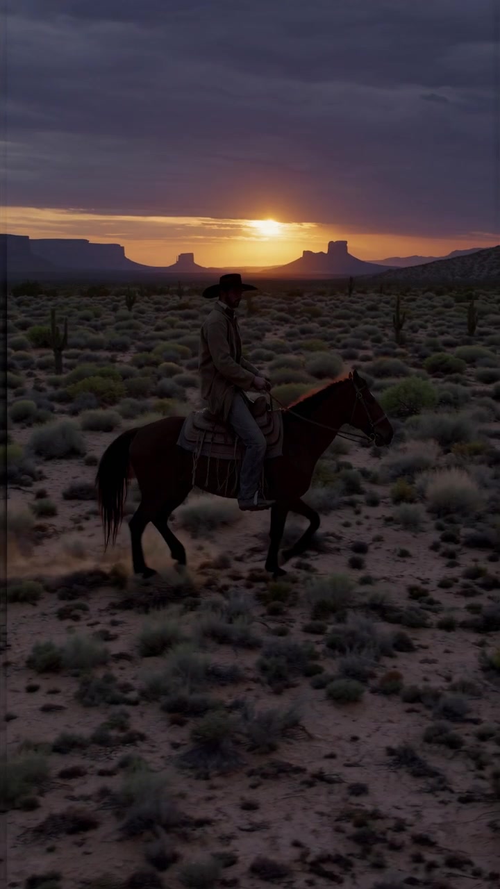 Cowboy a cavallo attraverso un paesaggio desertico al tramonto