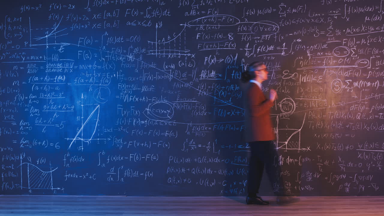 Person in front of a chalkboard full of mathematical equations