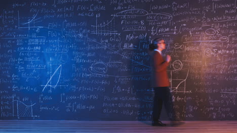 Person in front of a chalkboard full of mathematical equations
