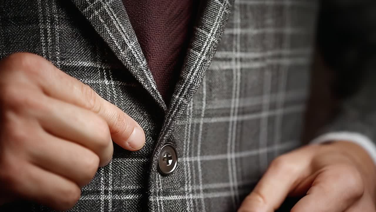 Pandangan Jarak Dekat Seseorang Mengancingkan Jaket Jas Berpola Kotak-kotak Abu-abu yang Bergaya, Menampilkan Detail dan Tekstur Kain serta Presisi Gerakannya.
