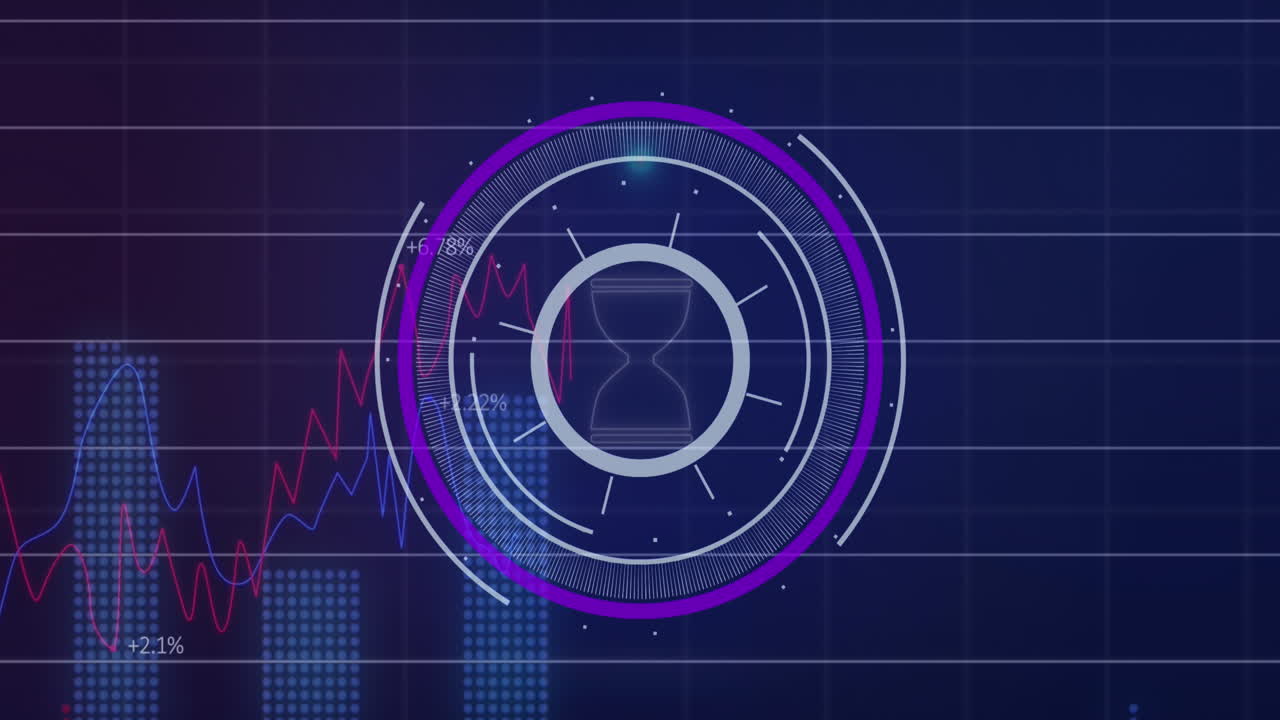 Animation of round scanner and statistical data processing against purple gradient background