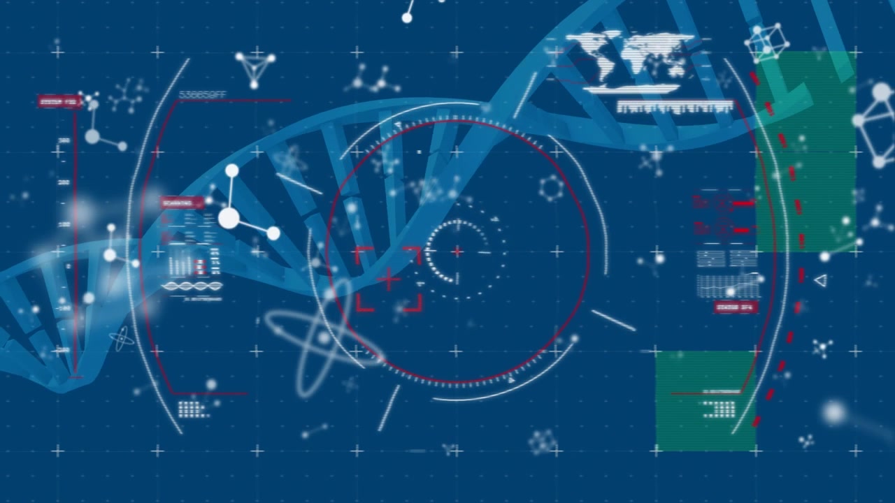 Turning DNA strand on dark blue background