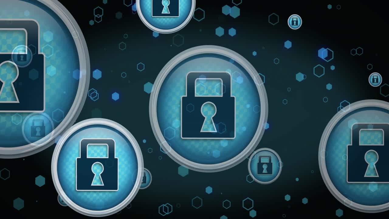 Animation of padlock icons over shapes on black background