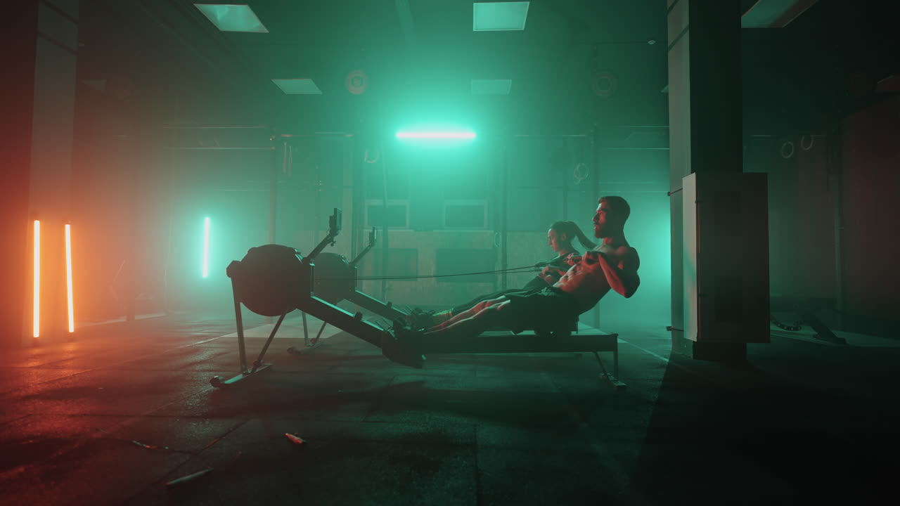 색 ⁇ 의 네온 빨간색과 파란색 빛을 입은 남녀가 함께 로잉 시 ⁇ 레이터에서 운동을 합니다. 강한 남녀