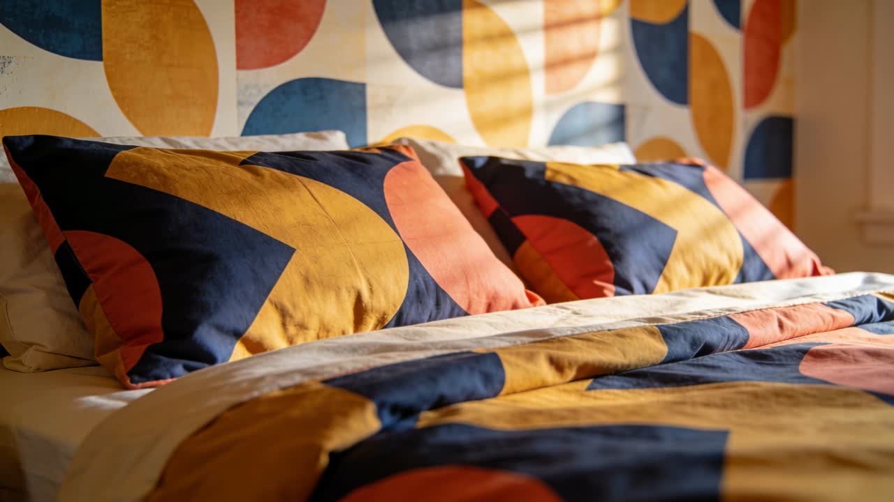 Mostrando un letto in una camera da letto con biancheria da letto dai colori vivaci, la telecamera si muove verso l'interno mostrando la trama dalla luce della finestra.