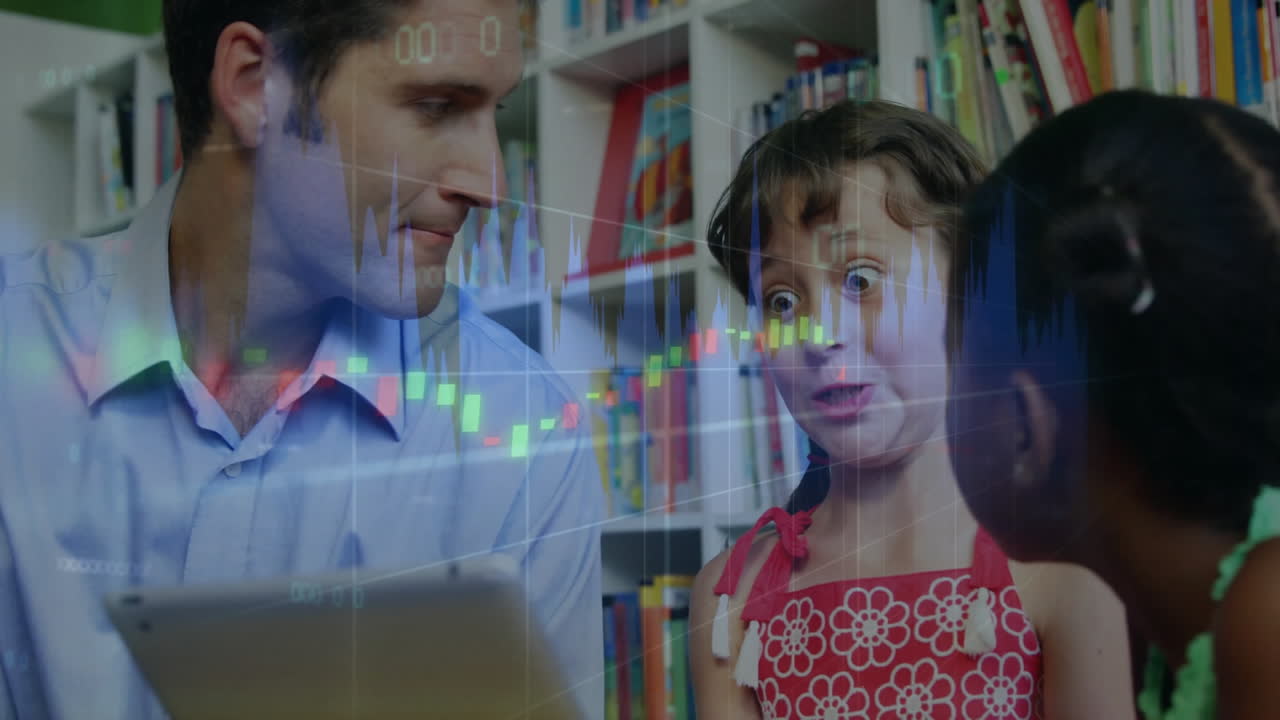 Teacher interacting with children in library, financial data animation overlay