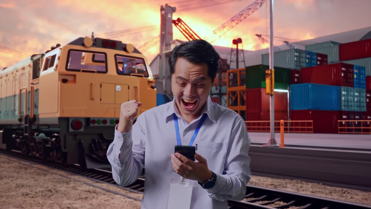 Asian Male Professional Worker Standing With His Smartphone With Freight Cargo Train At Port, He Raises His Fist Up With Screaming Goal