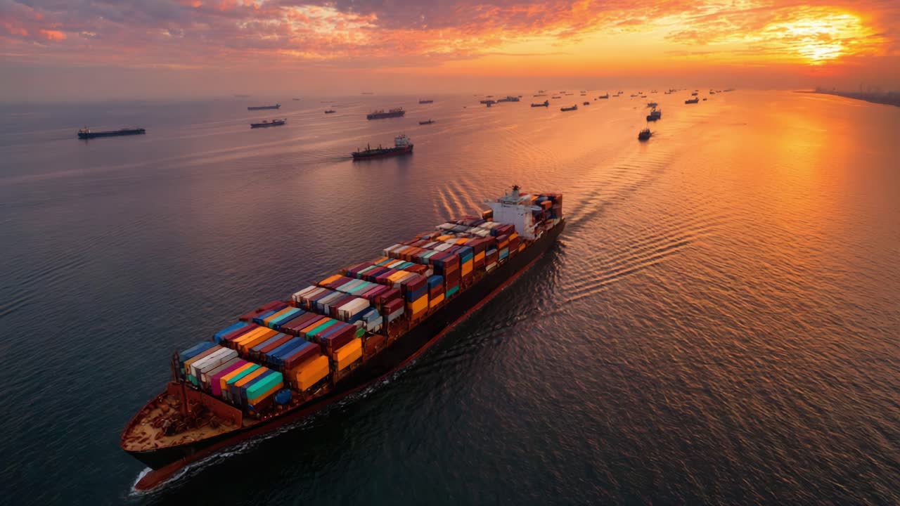 A Vibrant Sunset Over a Container Ship Navigating Calm Waters, Surrounded by Other Vessels in the Distance, Capturing the Tranquility of Maritime Commerce
