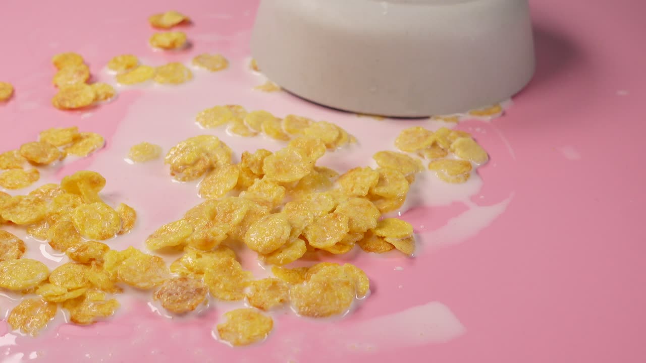 Cereali e latte versati su una superficie rosa
