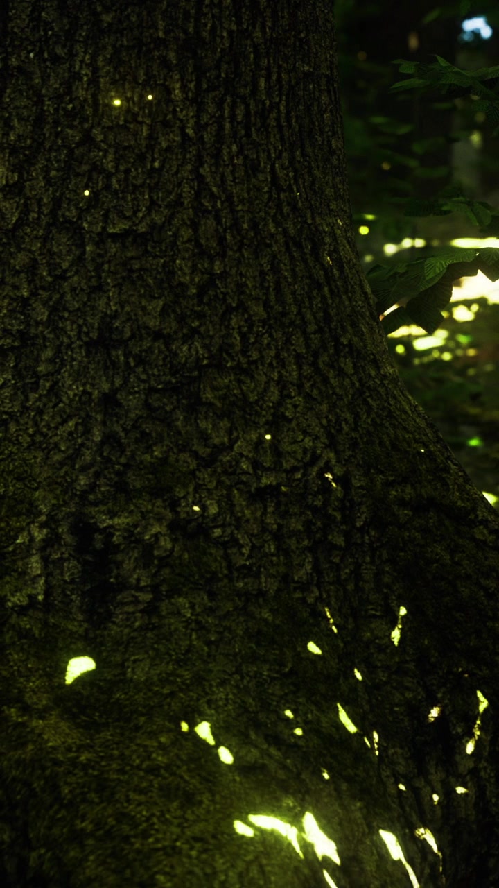 Luci danzanti illuminano la foresta al crepuscolo creando un bagliore magico.