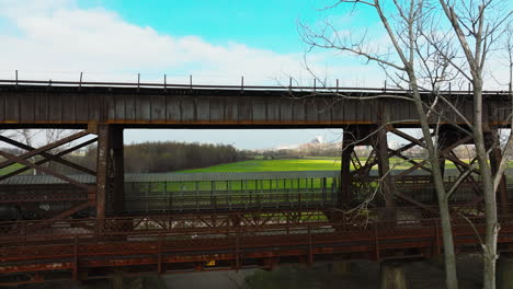 Rusty bridge structure in West Memphis Delta Regional River Park, clear day
