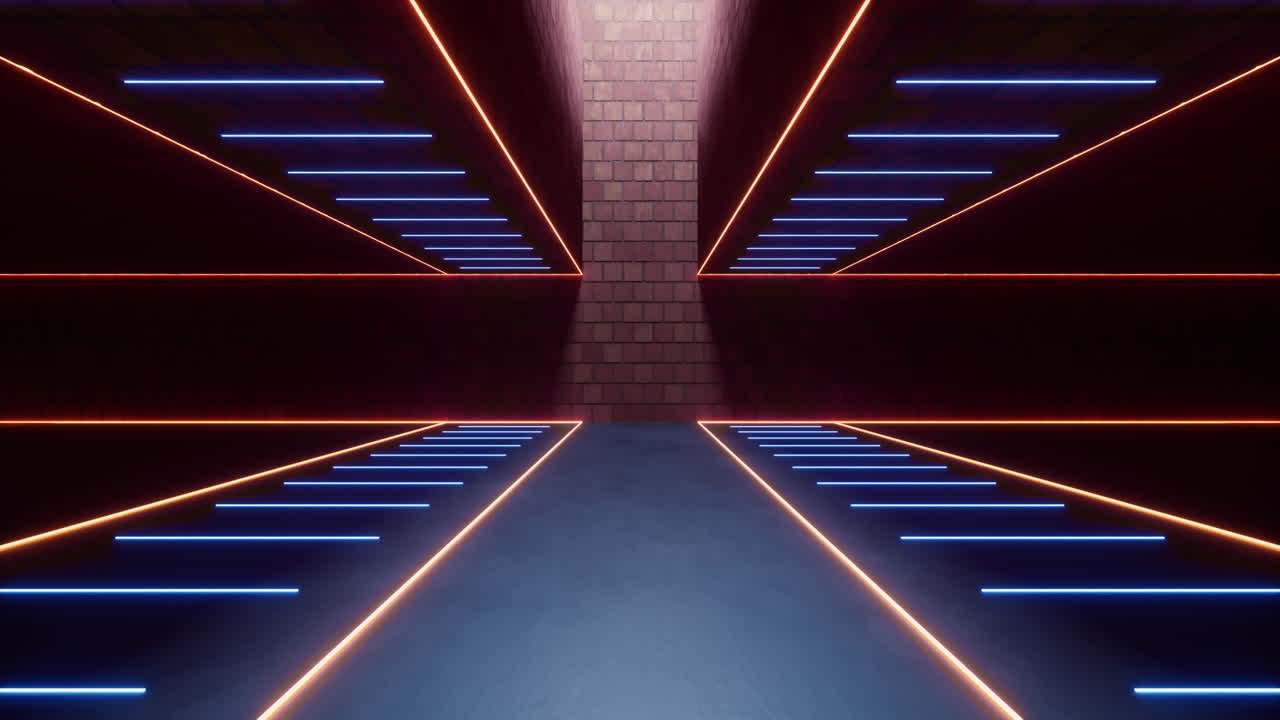 habitación de ladrillo oscuro con líneas de neón, renderización en 3d.