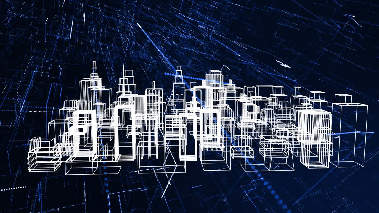 Blue network animation over 3D cityscape highlights tech communication.