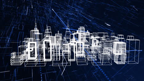 blue network animation over 3d cityscape highlights tech communication.