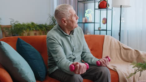 Anciano-Abuelo-Haciendo-Pesas-Levantamiento-De-Pesas-Ejercicios-De-Fitness,-Entrenando-Fuerza-En-Casa