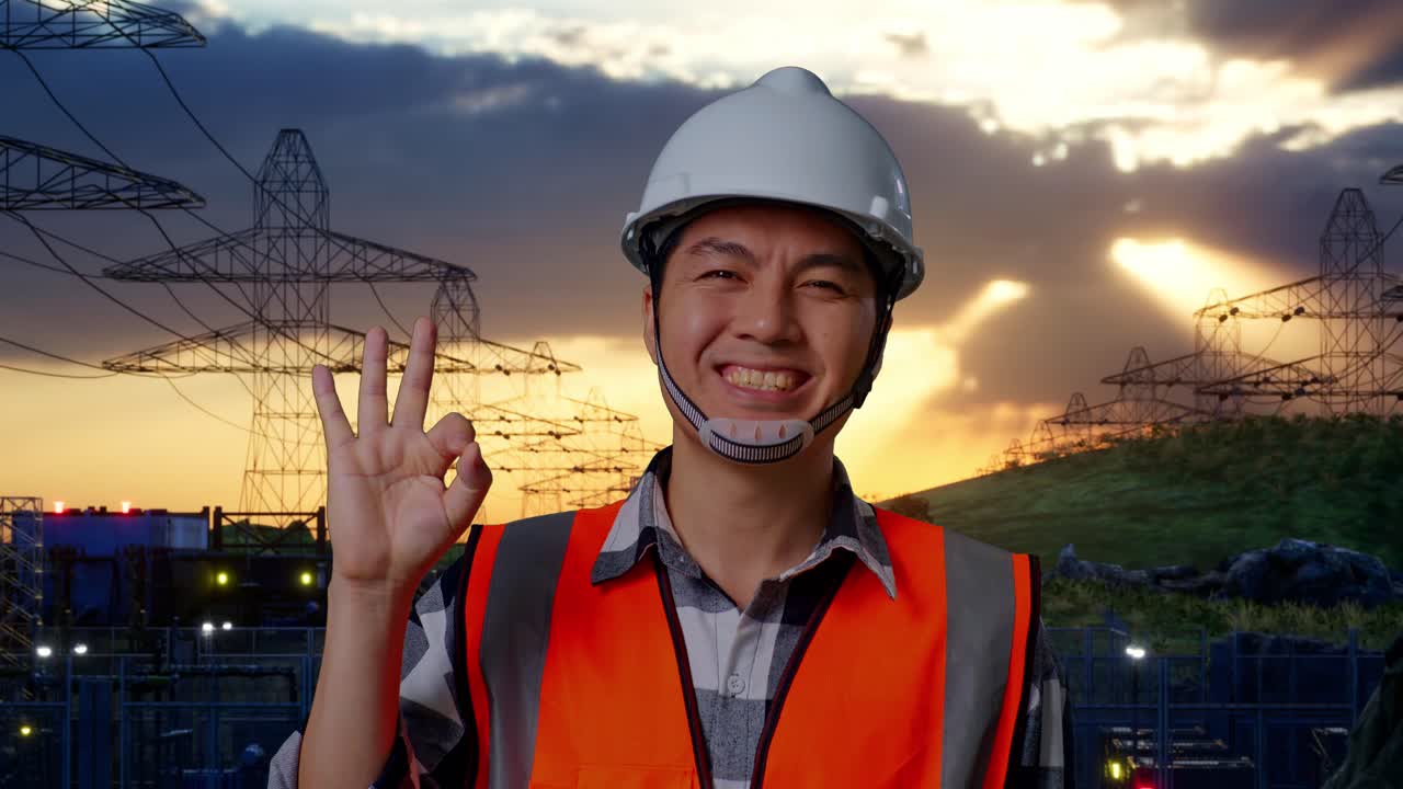 안전 헬을 입은 아시아 남성 엔지니어가 웃으며 고전압 타워 근처에 서서 카메라에 은 몸짓을 보여줍니다.