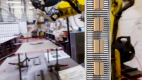 animation of cardboard boxes on conveyor belt moving over factory interior