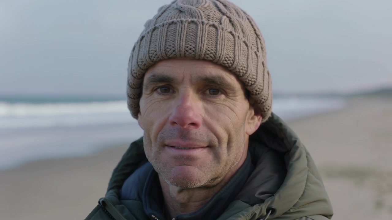 Ripresa della telecamera di un uomo in spiaggia, con berretto e piumino, che gira la testa, sorride e saluta la telecamera.
