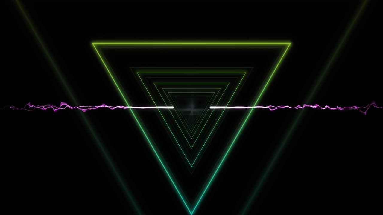 Animation of multiple glowing triangles moving over explosion of purple light trails on black backgr