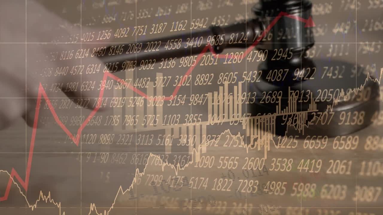 Animation of statistics and financial data processing over auctioneer's hammer