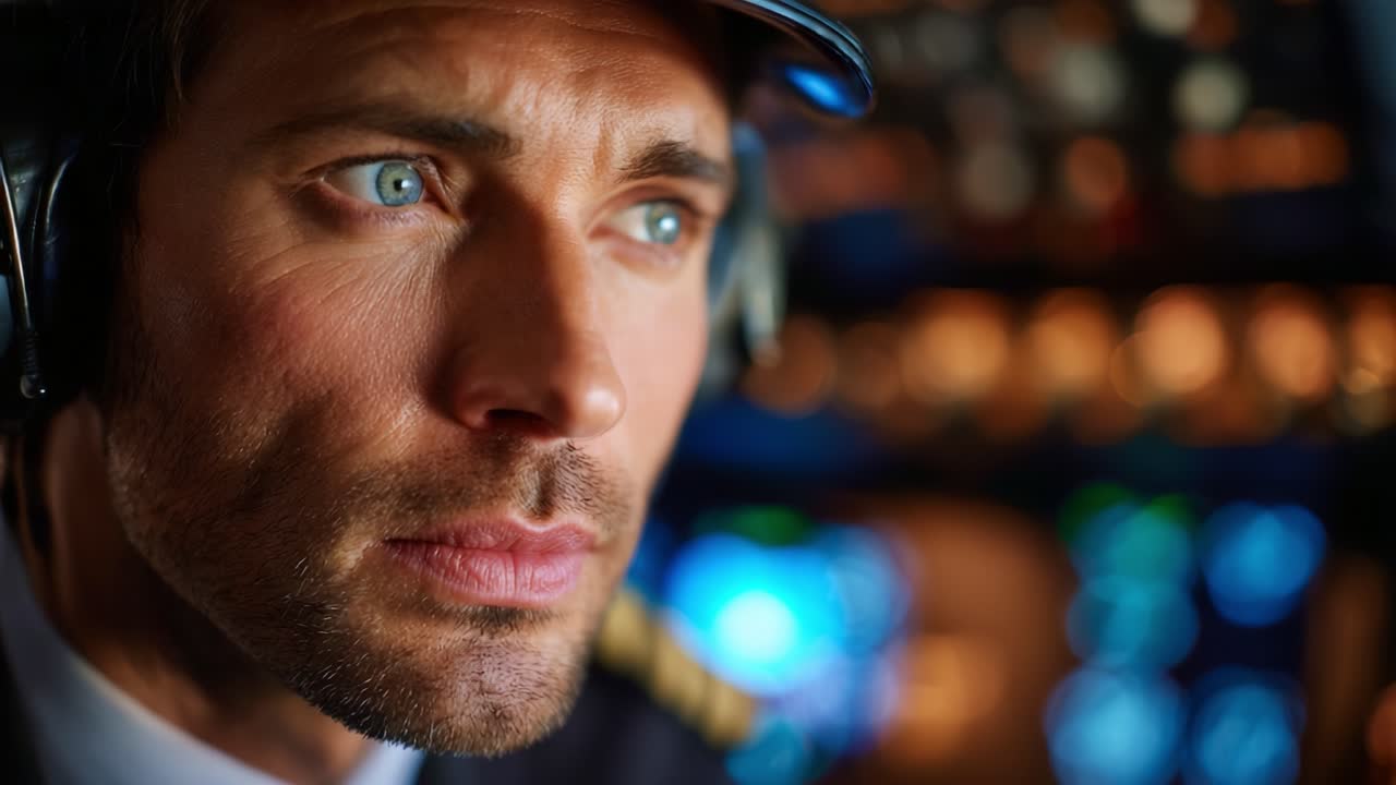 Pilota concentrato nella cabina di pilotaggio con espressione intensa, che cattura l'essenza dell'aviazione e della leadership tra le luci e gli strumenti del pannello di controllo