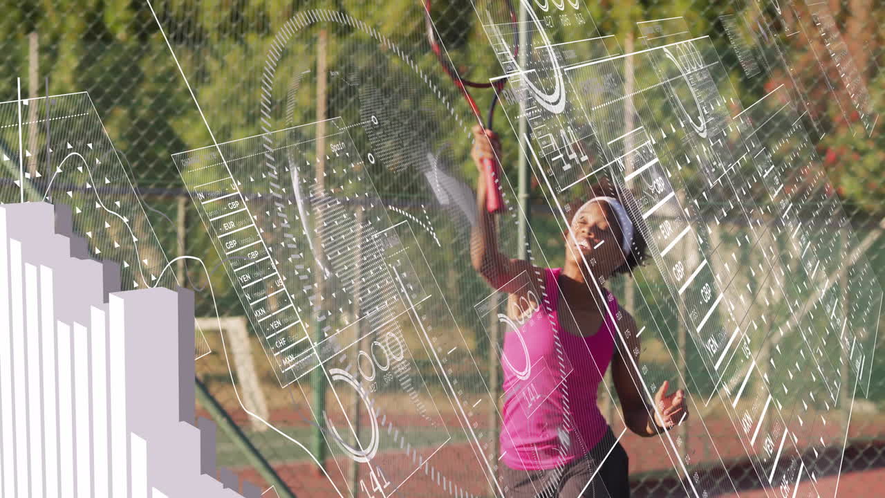 Female tennis player swinging racket outdoors, integrating sports analytics charts and data panels